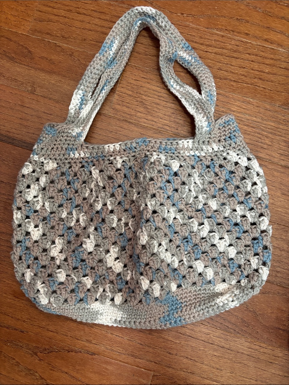 Beautiful Crocheted Tote Bag in Gray, Cream & Light Blue
